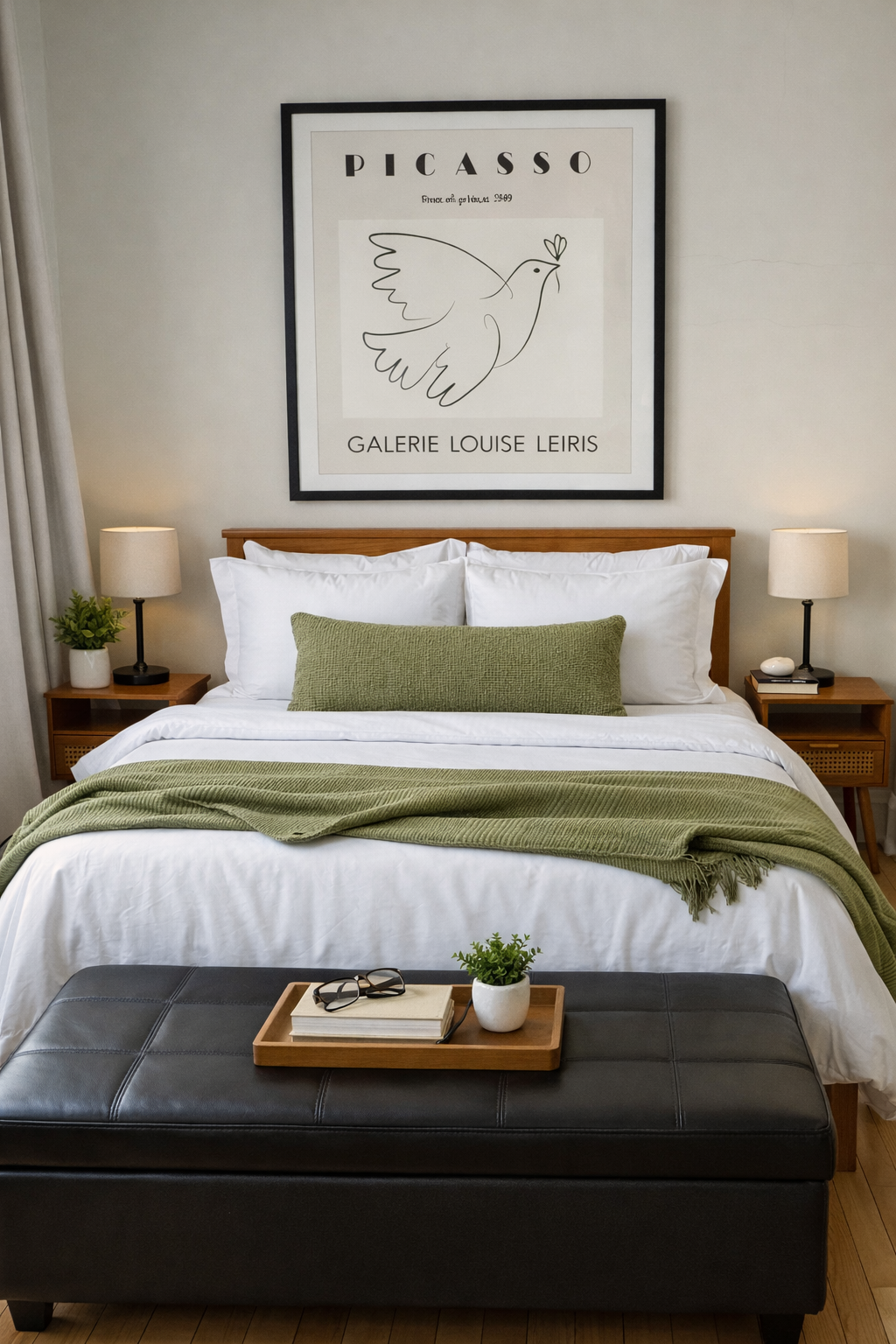 Quiet sunlit bedroom with hotel-quality bedding, full privacy, and comfortable layout, built for restful Chicago stays.