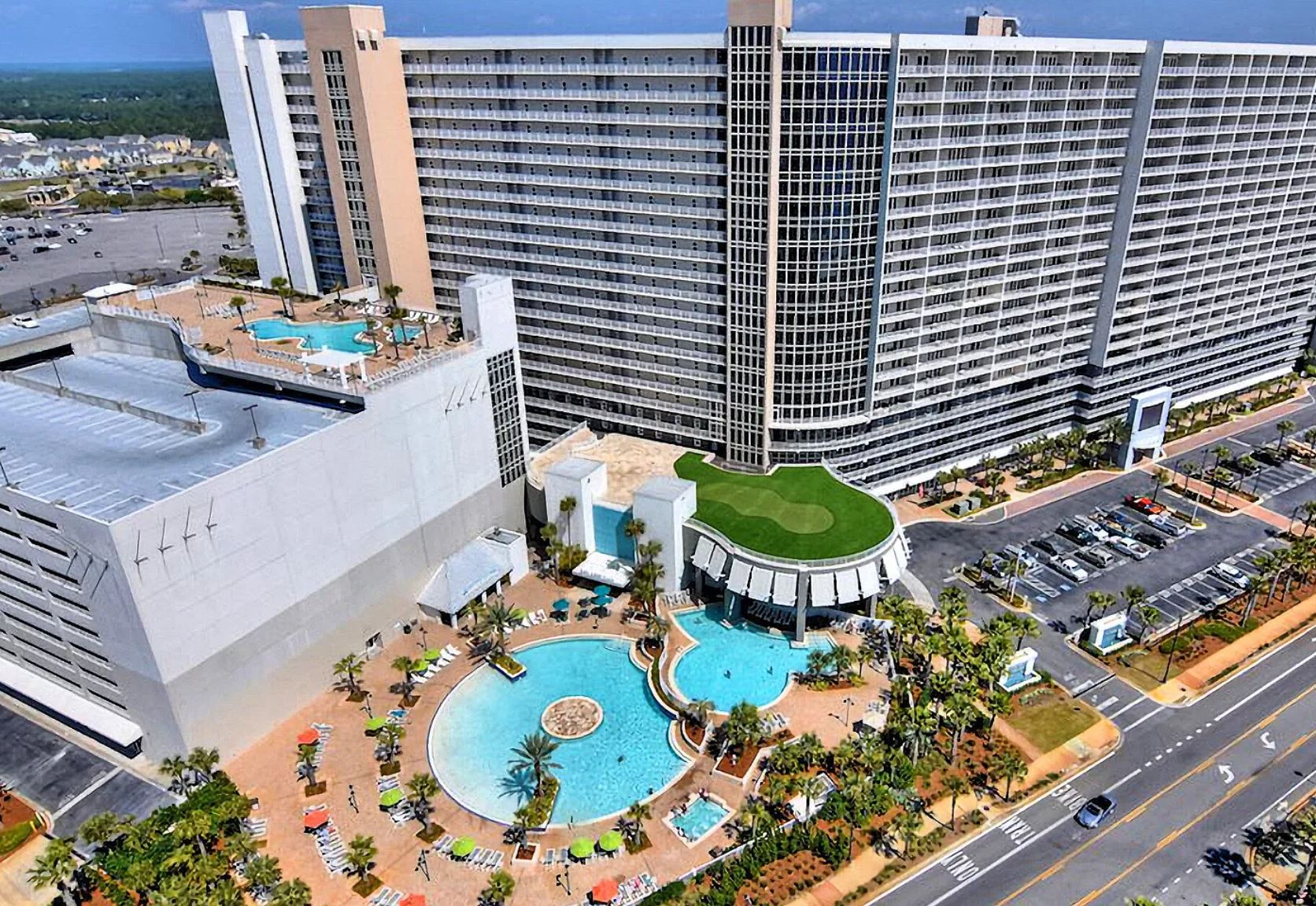 Full resort aerial view-Family entertainment restaurant is next to the pool