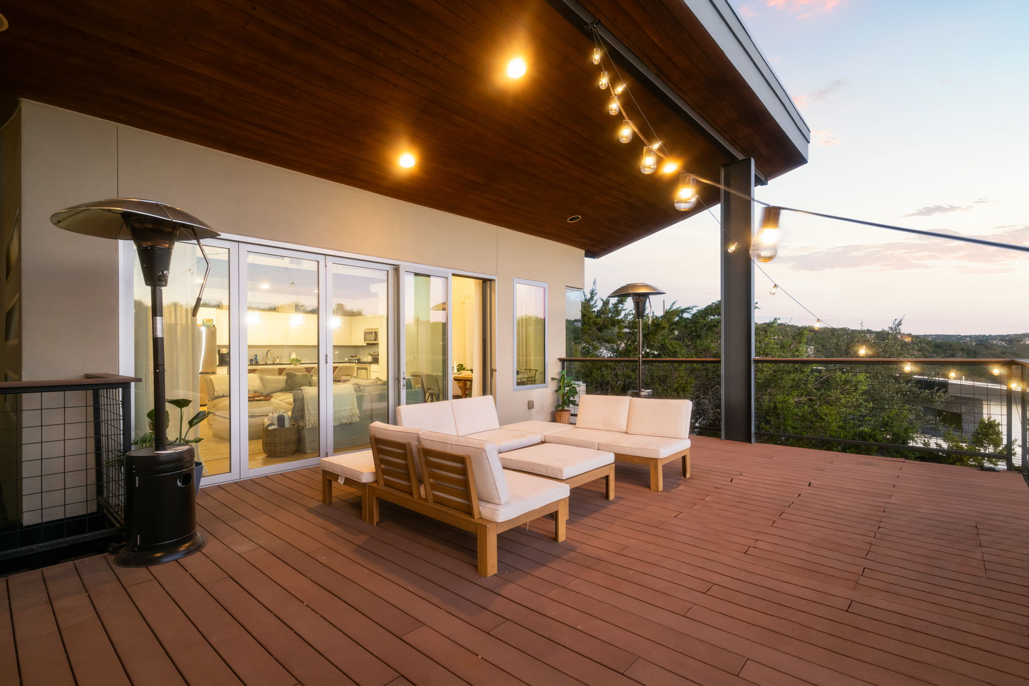 Balcony with string lights for cozy evenings