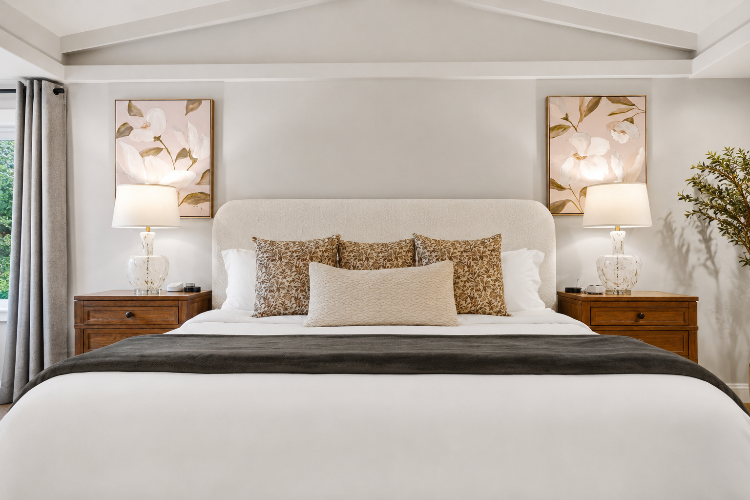 Relax in this serene bedroom retreat, featuring a plush king-size bed, soft natural lighting, elegant decor, and a tranquil design perfect for rest and rejuvenation.