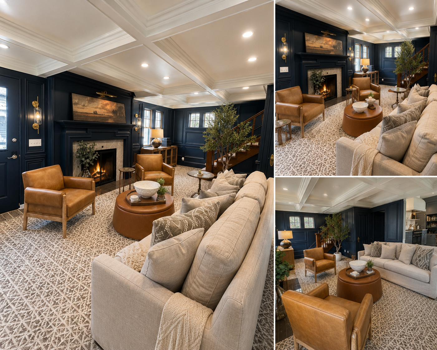 Gather around the fireplace in this spacious living area featuring comfortable seating, rich architectural character, and plenty of room to relax. 