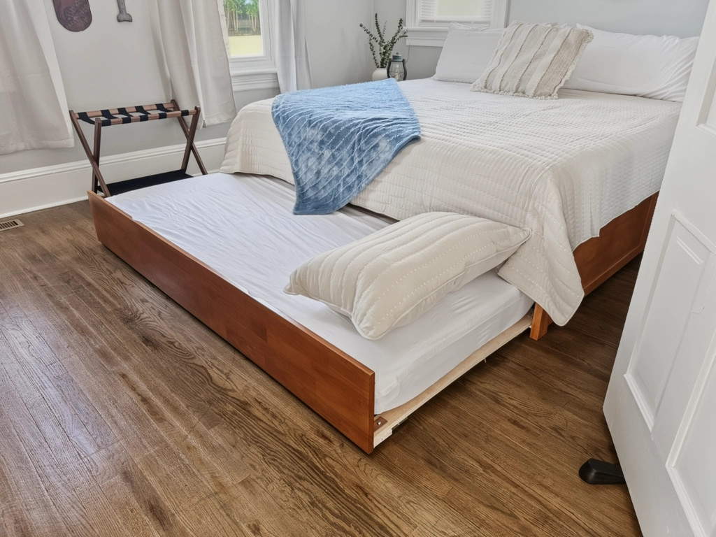 Twin XL Trundle sleeps a third person in the large bedroom.