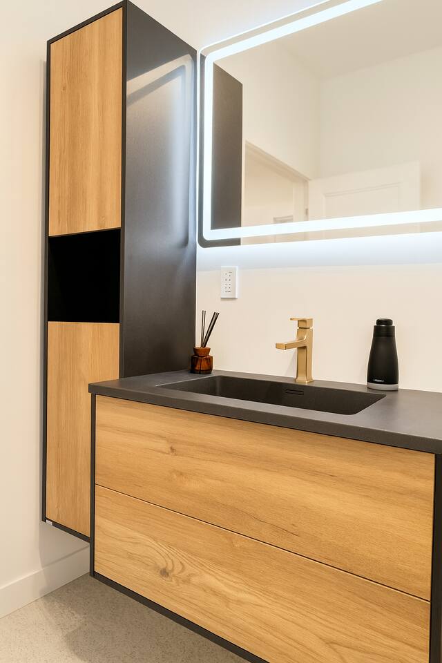 Salle de bain complète avec un bain-douche, savon, eau chaude et miroir illuminé :)