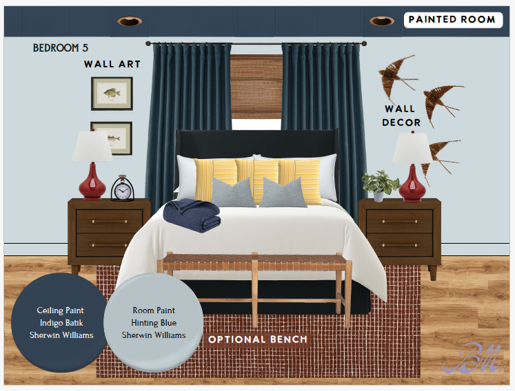 After update, main floor bedroom w/ fresh bedding & a polished look.