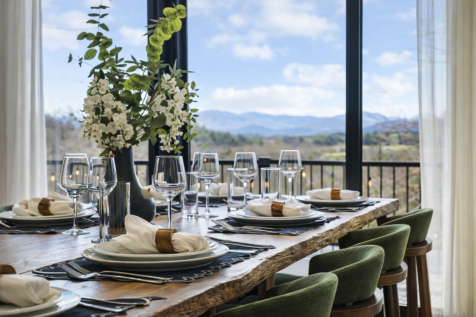 {Dining Area} Gather around a beautifully styled dining table framed by panoramic mountain views. Filled with natural light and designed for connection, this inviting space is perfect for shared meals, celebrations, and memorable moments together.