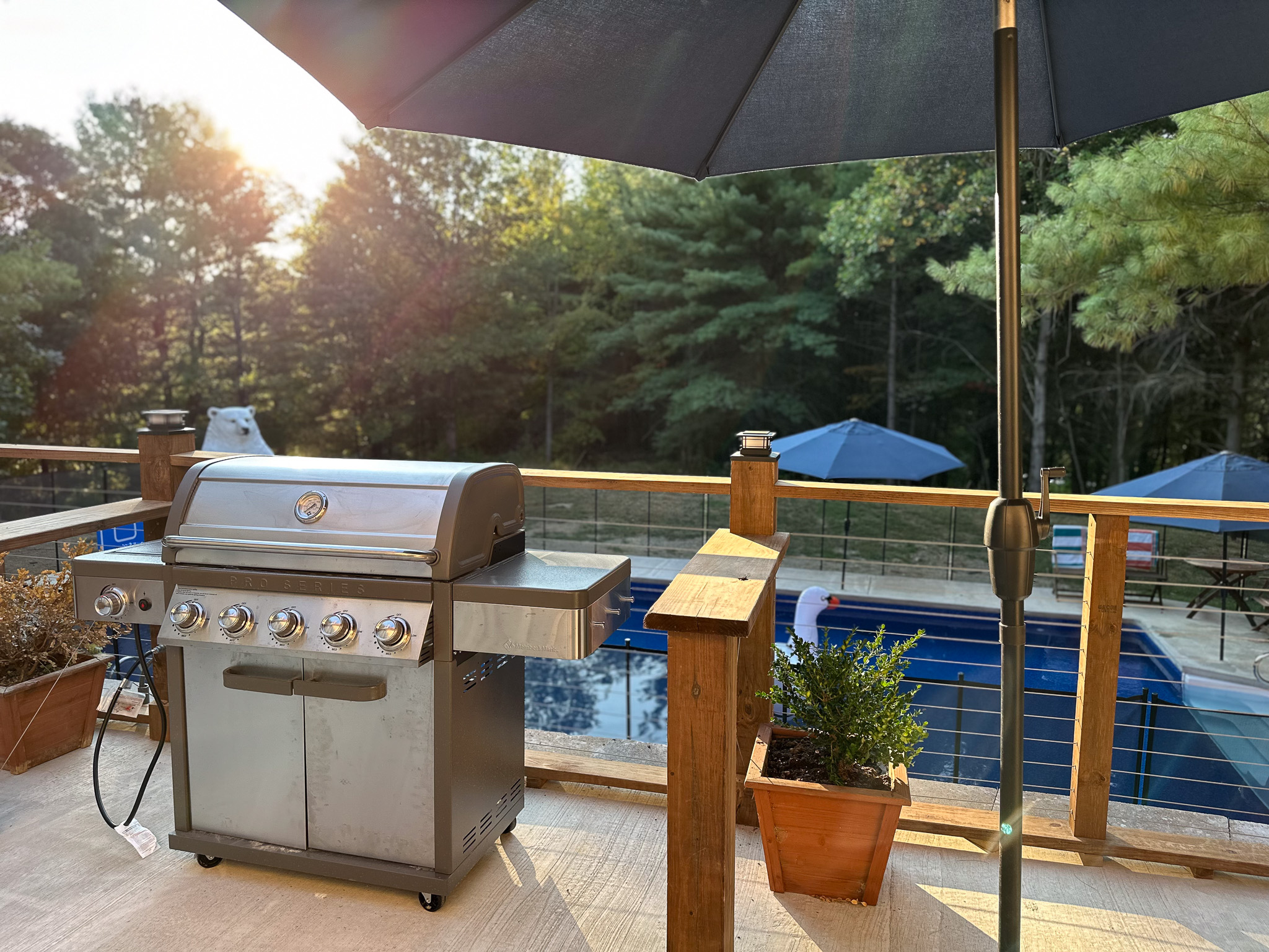 Large propane grill  for enjoying poolside meals