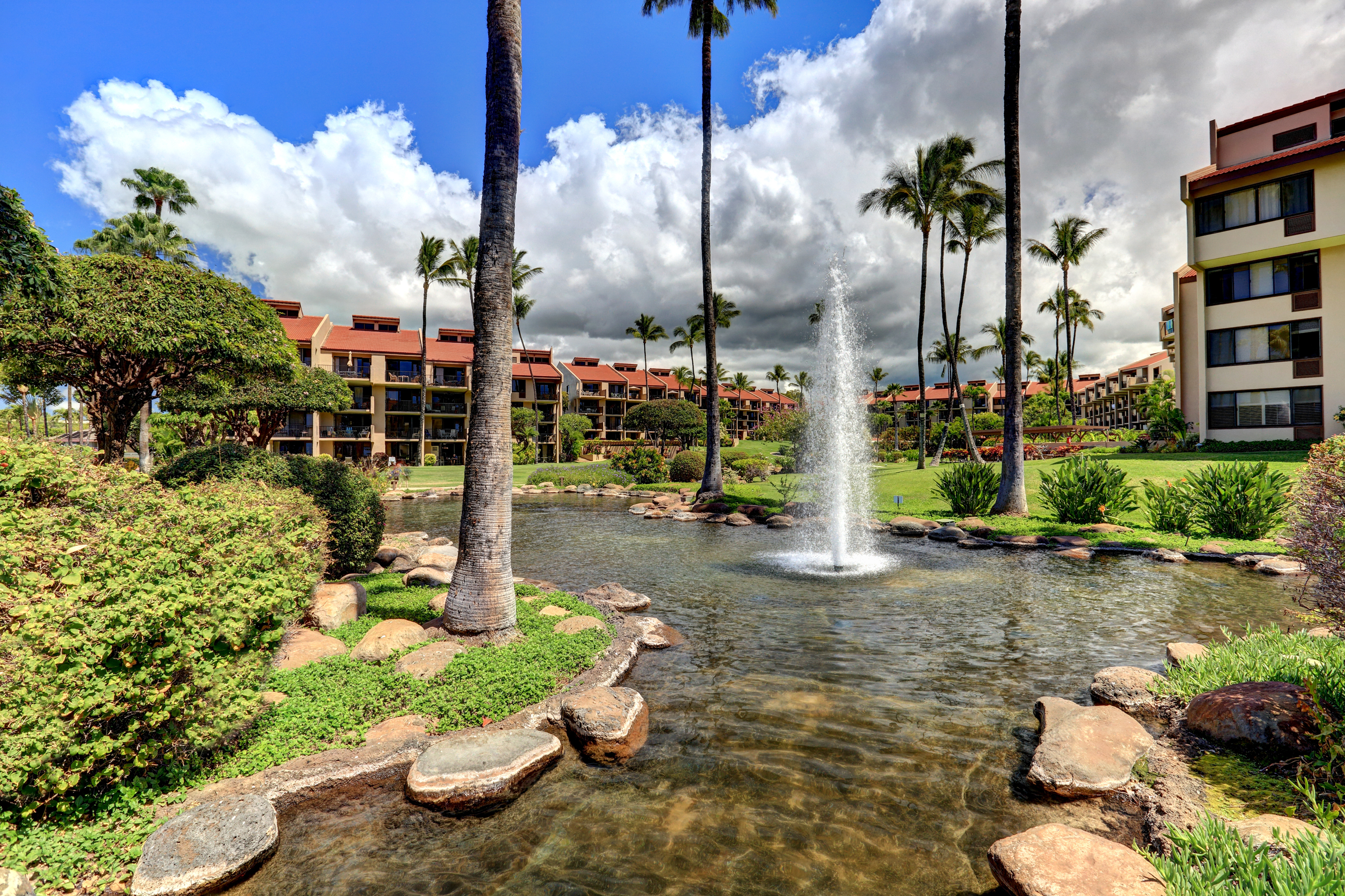 One of two beautiful fountains on property