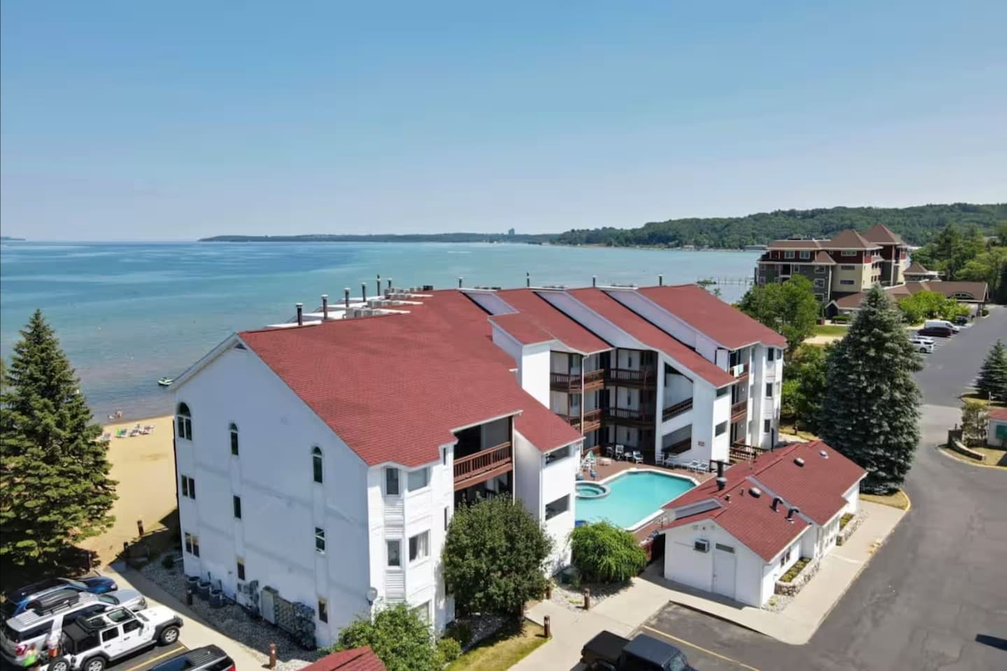 Enjoy a day at the sandy beach; or a not so sandy outdoor pool and hot tub  