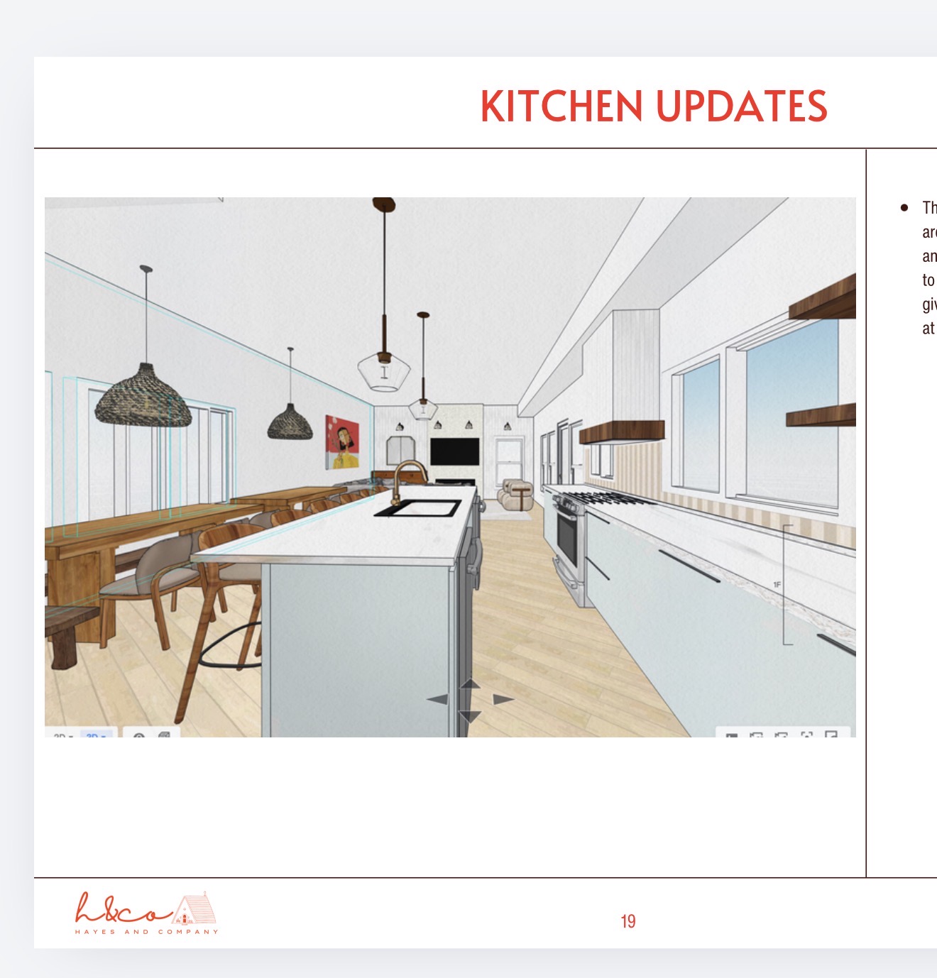 A rendering from the kitchen to the living area