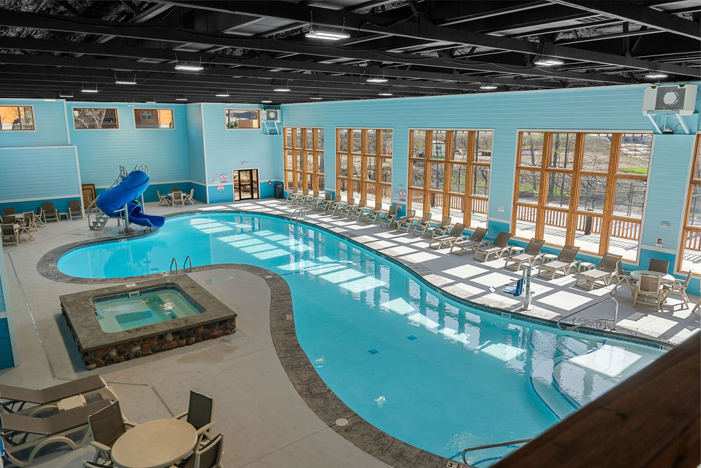 One of the largest indoor pools in Branson with hot tub and water slide