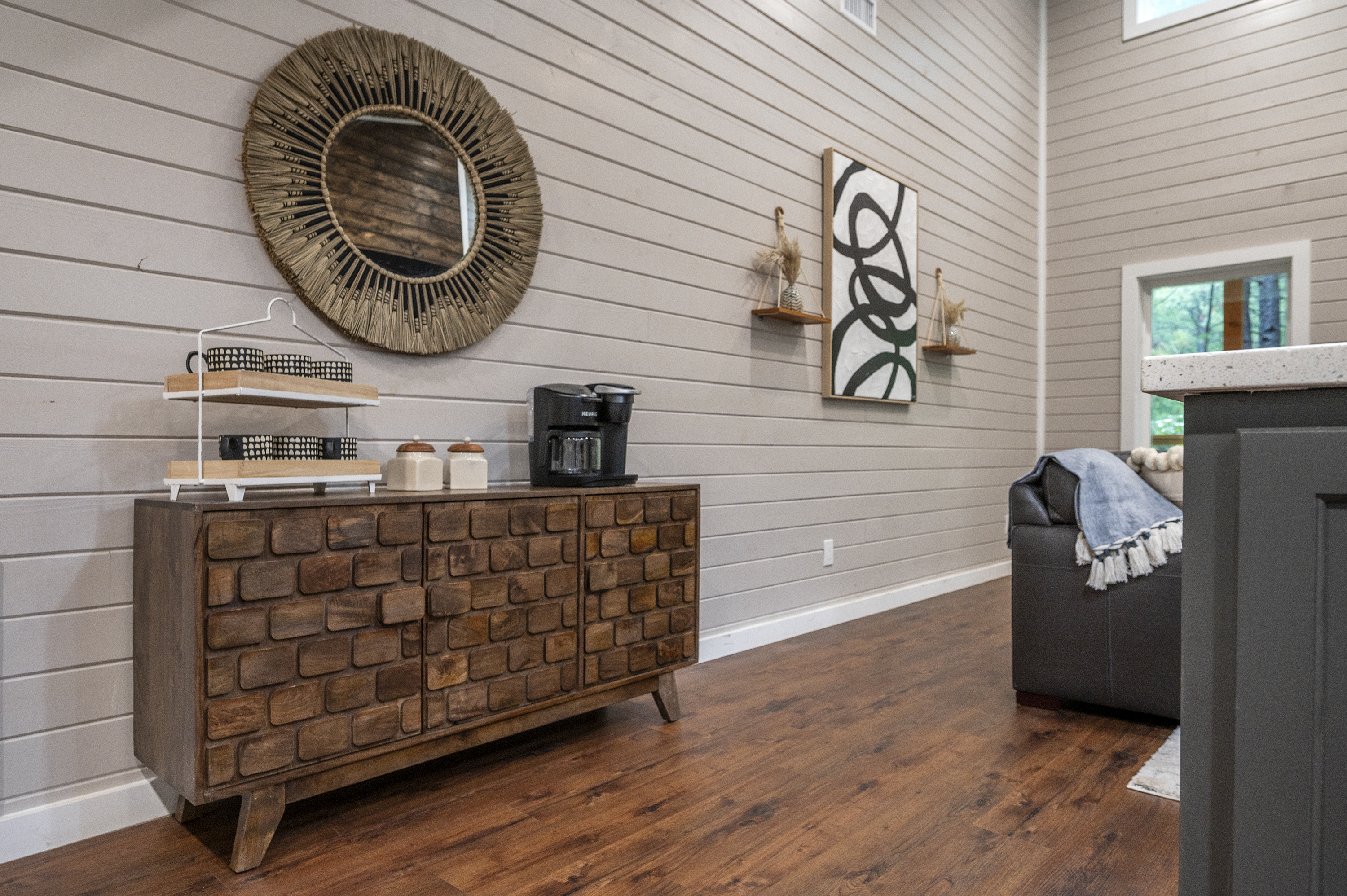 The coffee/Tea bar area is stocked with assorted coffee, teas, and hot cocoa.