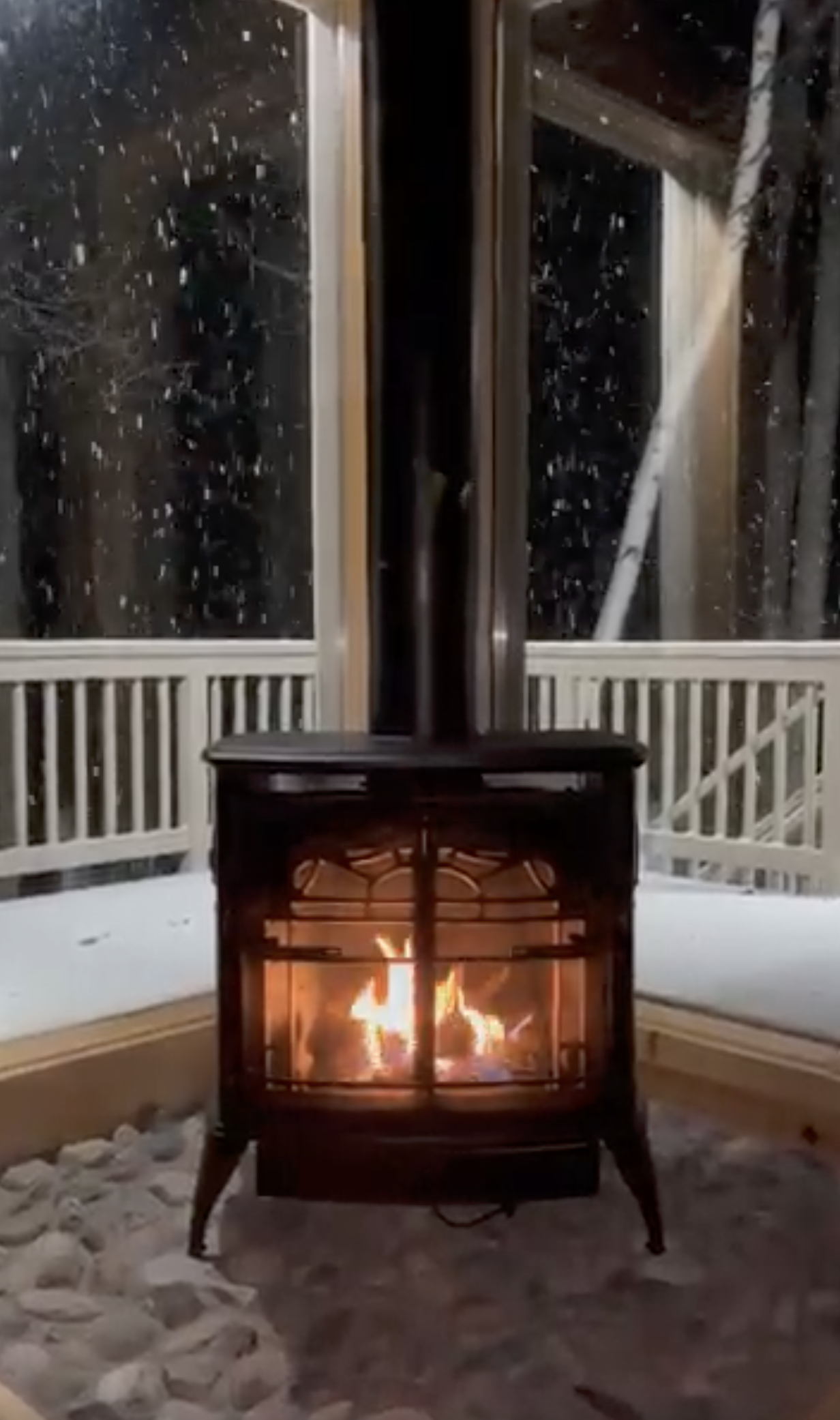 Our main floor fireplace during a December snow storm