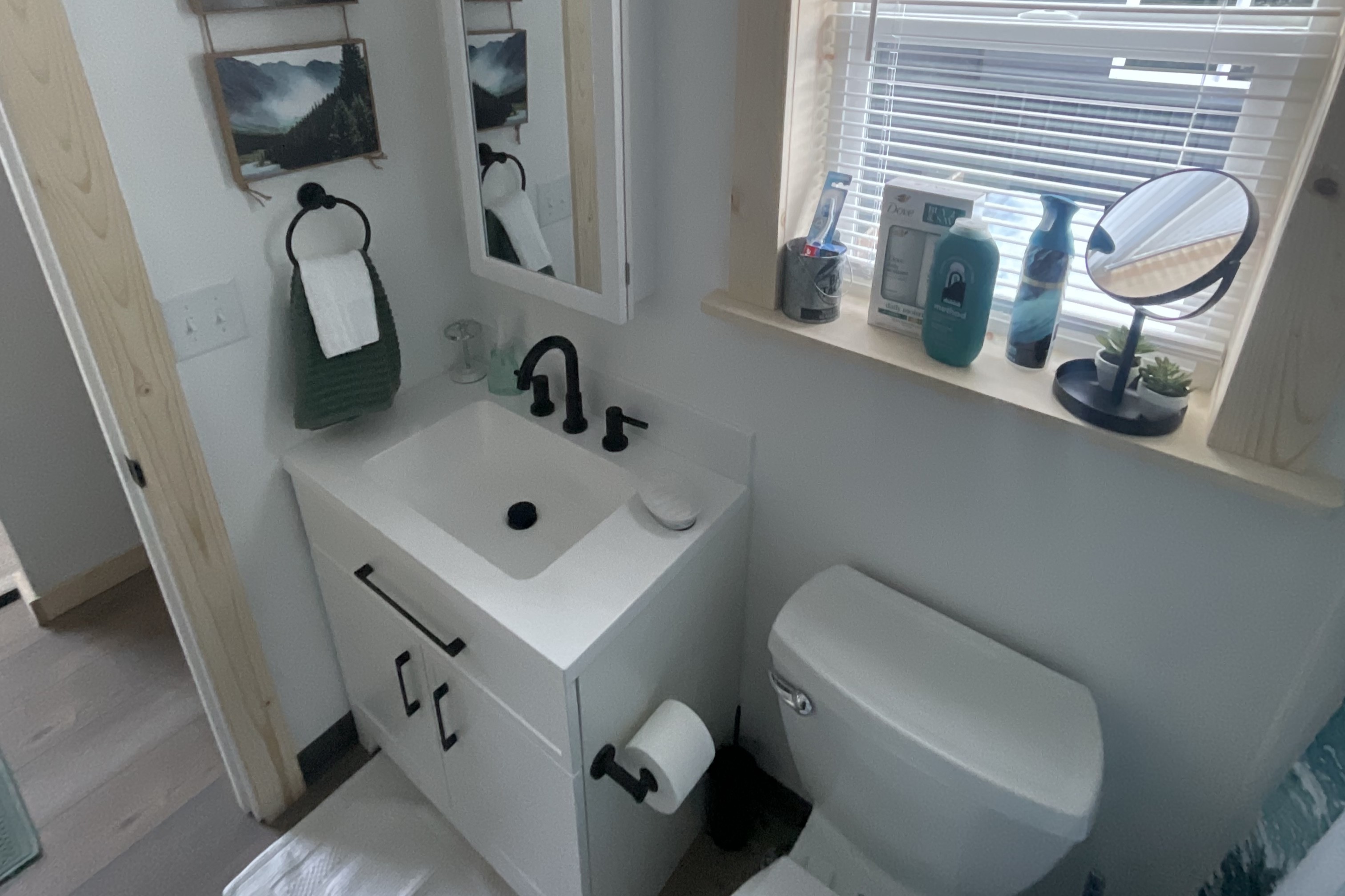 Bathroom includes a sink, toilet, and shower/tub combo.