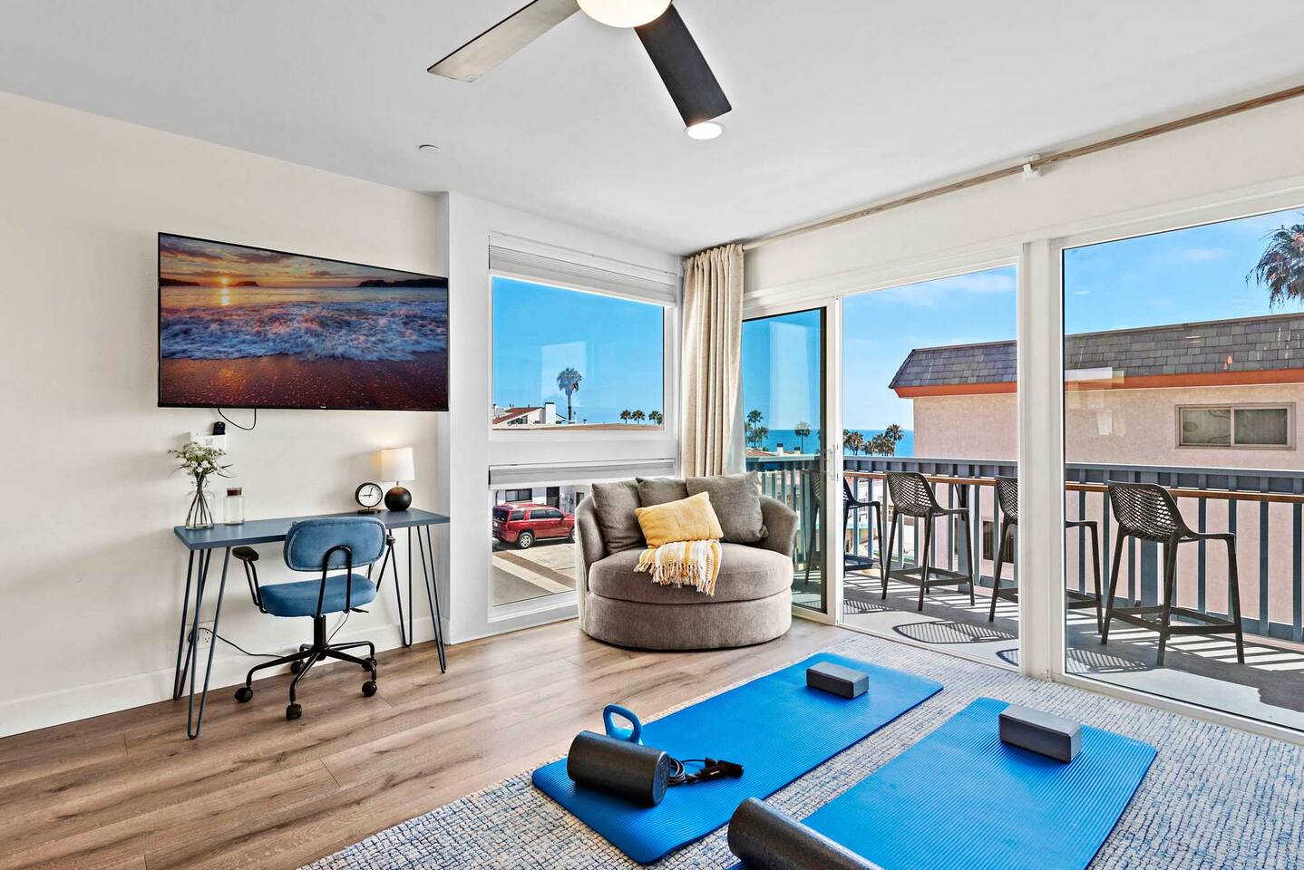 We provide workout gear and the equinox and peloton apps on the TV that have yoga, HIIT and other workout programs.