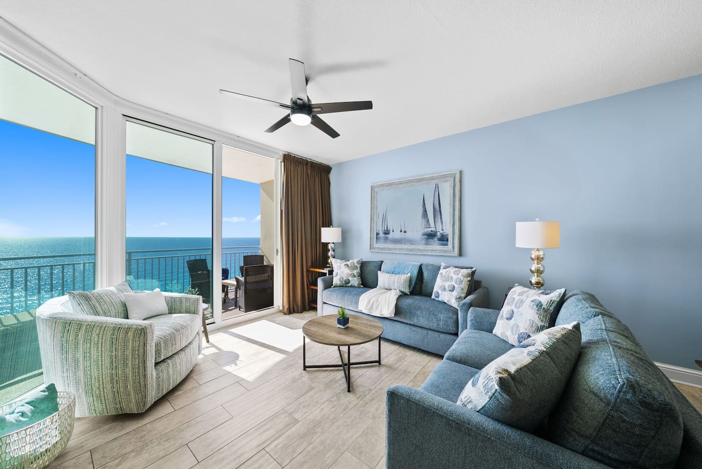 Stunning views abound from the 18th floor Aqua Resort living room at Bleu No. 1809!