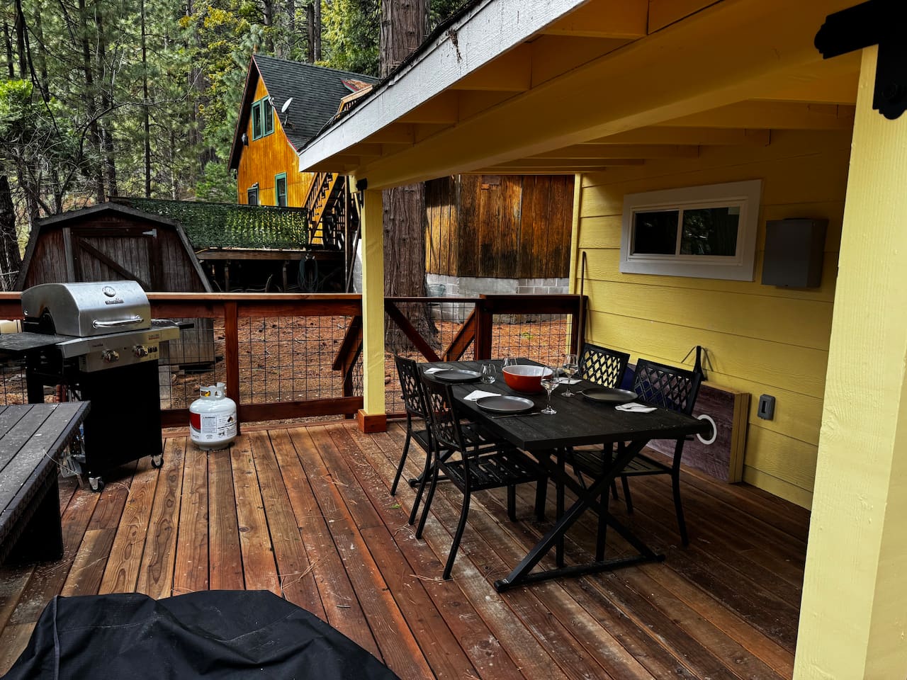 Comfortably seat six for meals under cover but still outdoors. Use the second table for serving, prep or additional seating. 