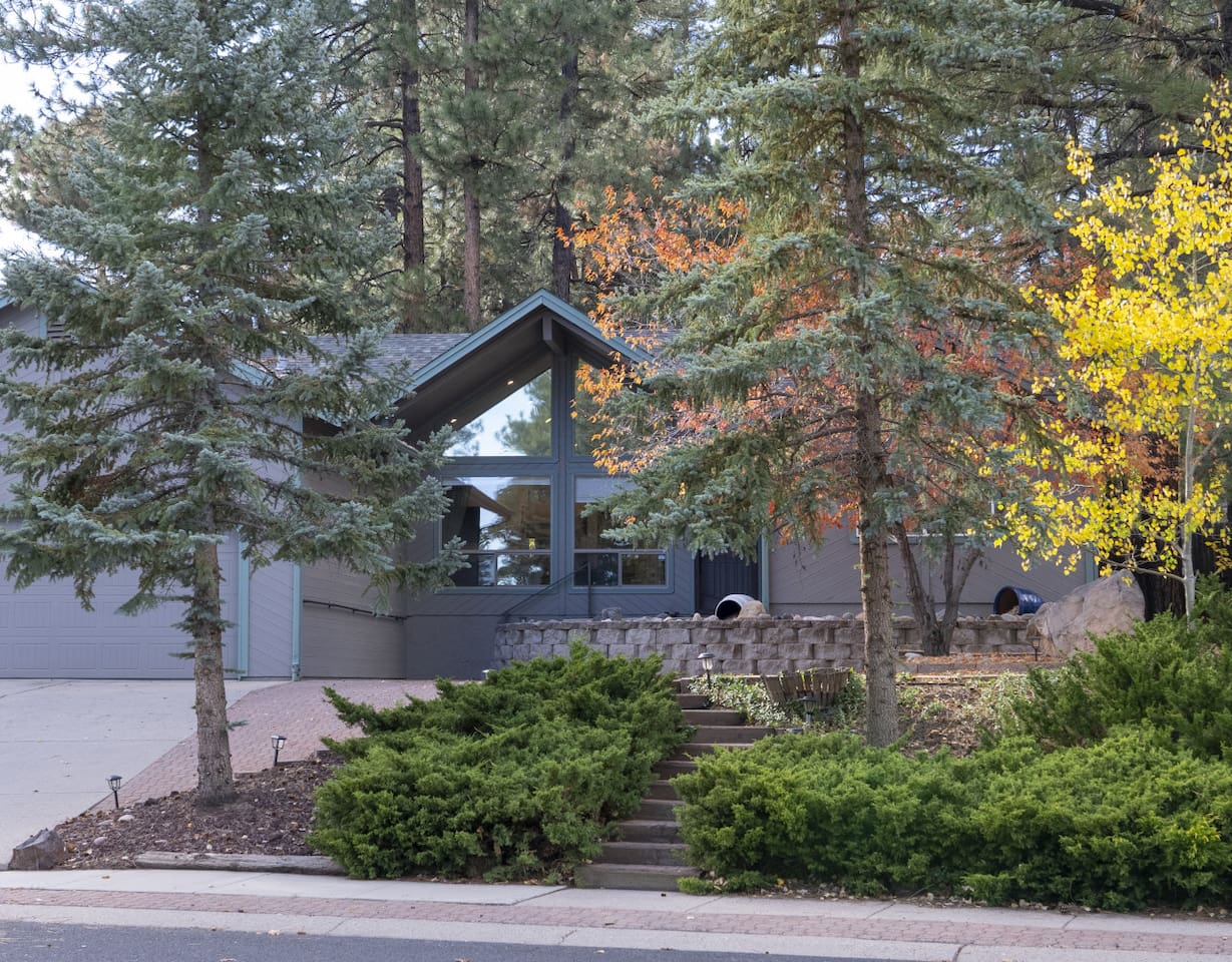 Home entrance with paved courtyard, mature trees, and natural stone details.