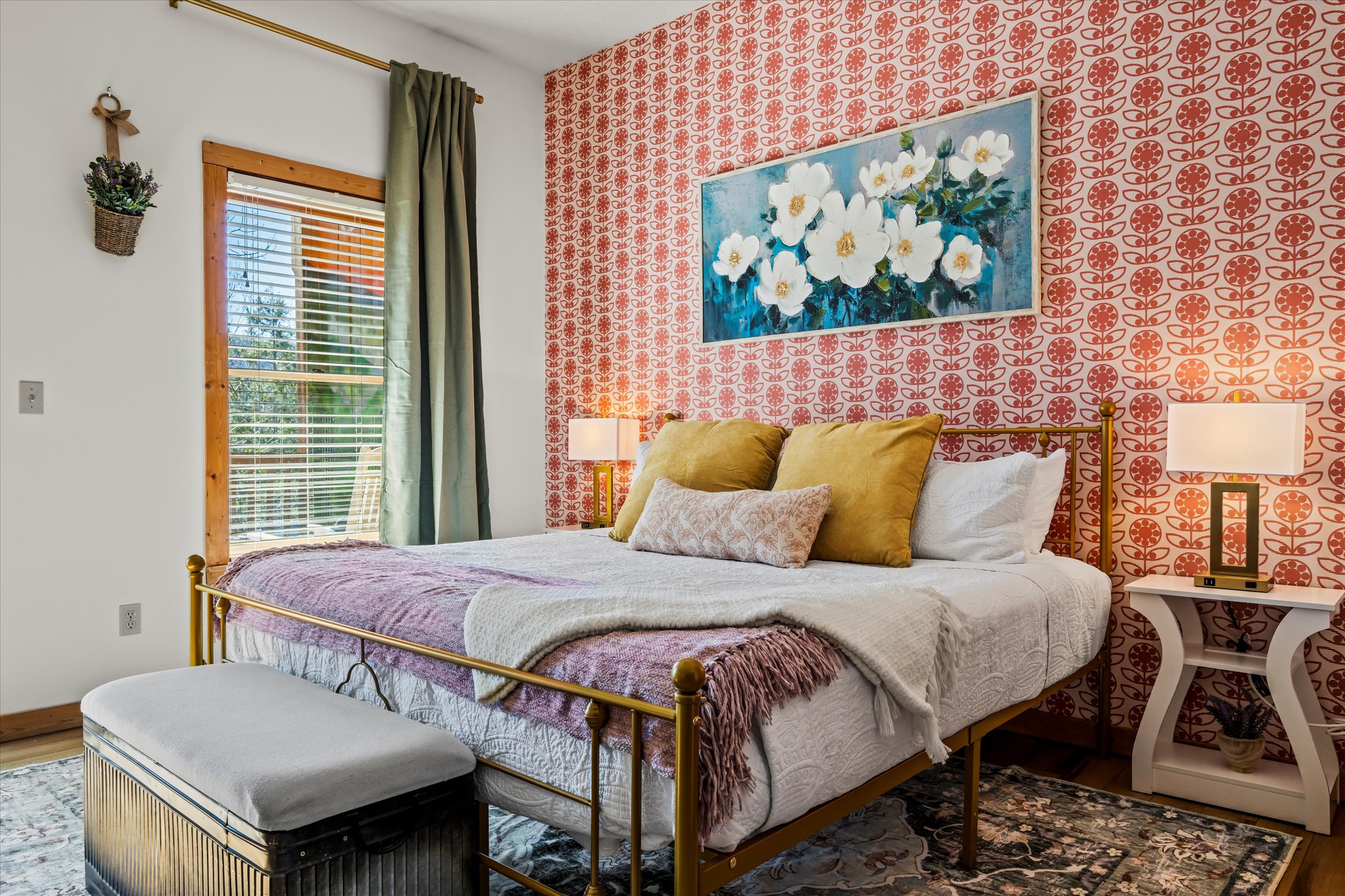 Our other designer-remodeled King suite (downstairs) has beautiful flowery vibes