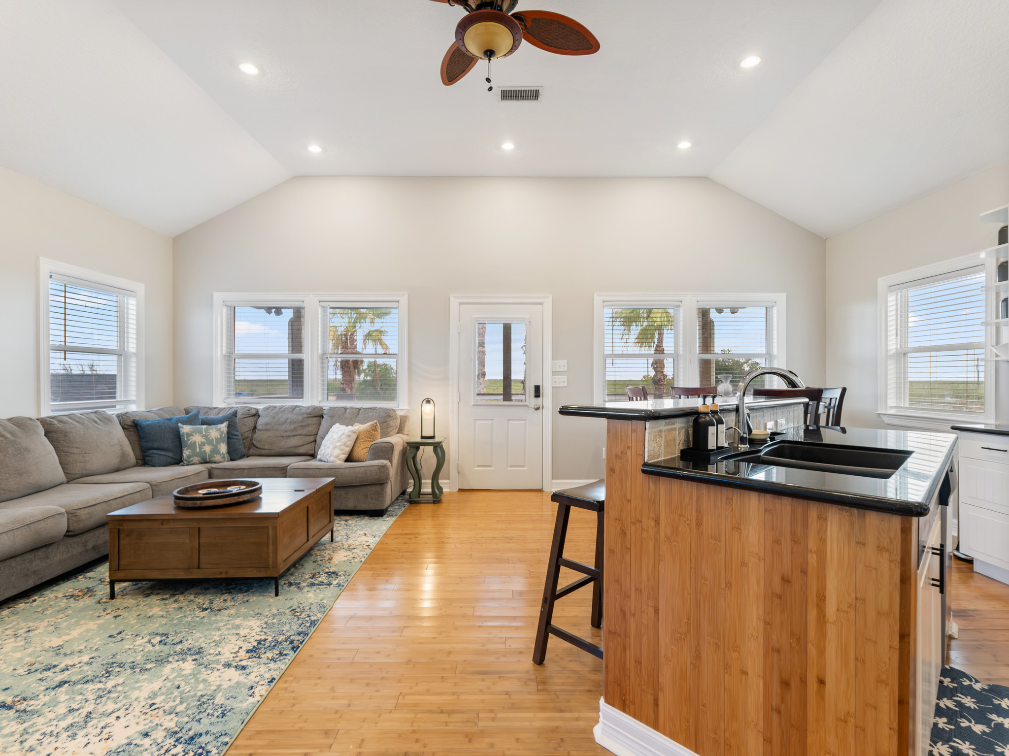 Living area and kitchen view.