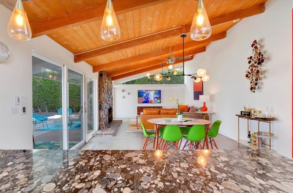 Great room with polished concrete floors and a gas fireplace