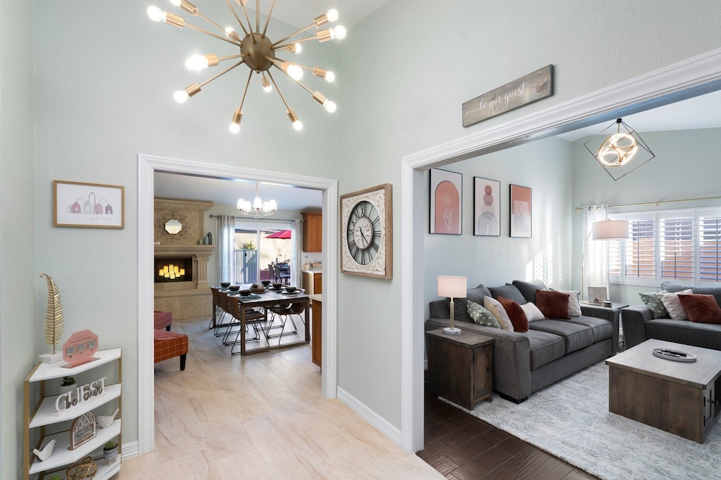 Large foyer, complete with a bench and a shoe basket.
