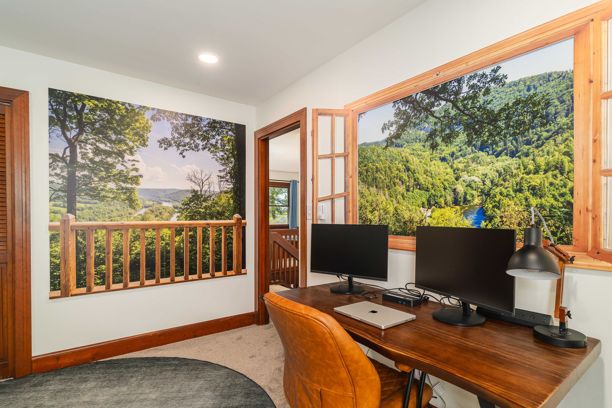 💻 Work nook with dual monitors and a docking station, under real photography of the PA Grand Canyon.