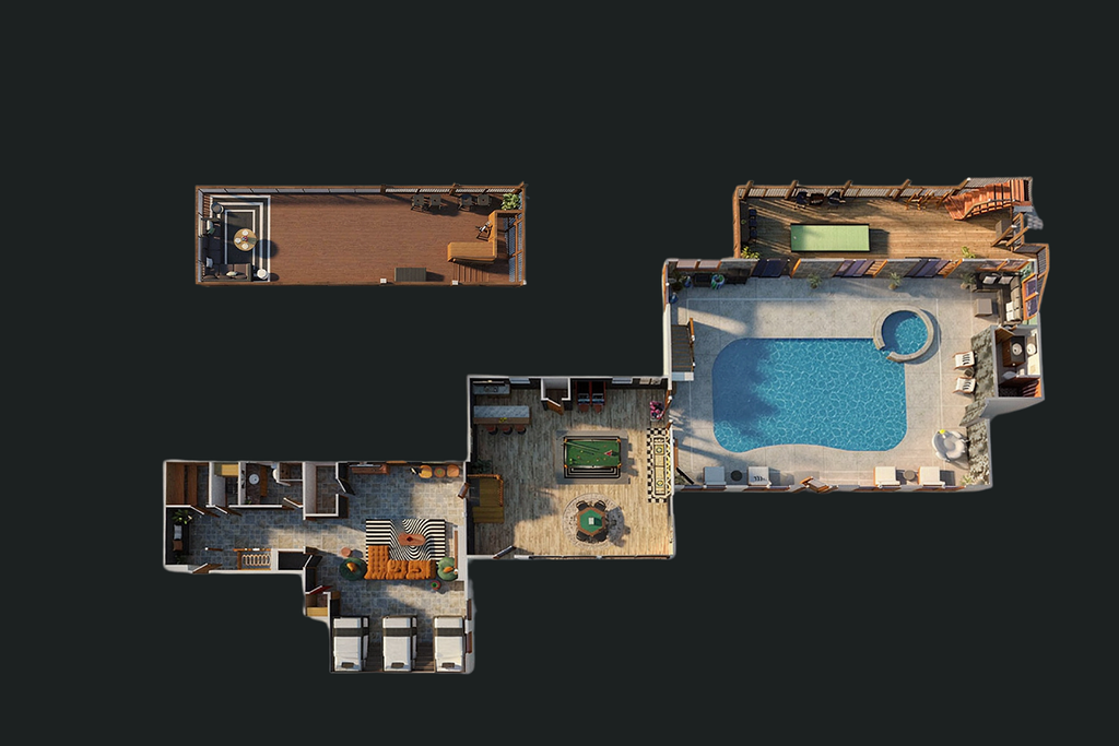 {Lower Level Floor Plan} The lower level brings the fun together with the indoor pool and hot tub, game spaces, bunk room, bathrooms, and covered outdoor amenities.