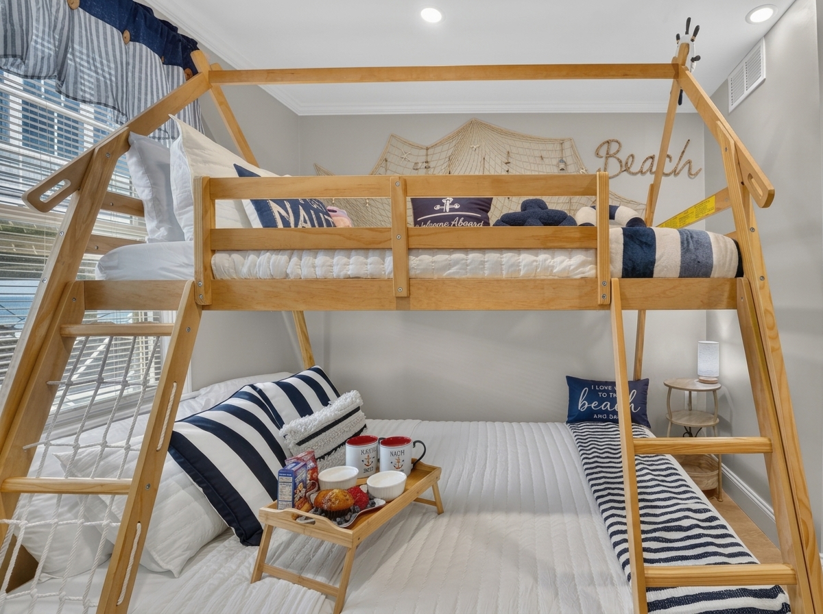 Comfortable bunk beds provide a fun and practical sleeping setup for guests of all ages.