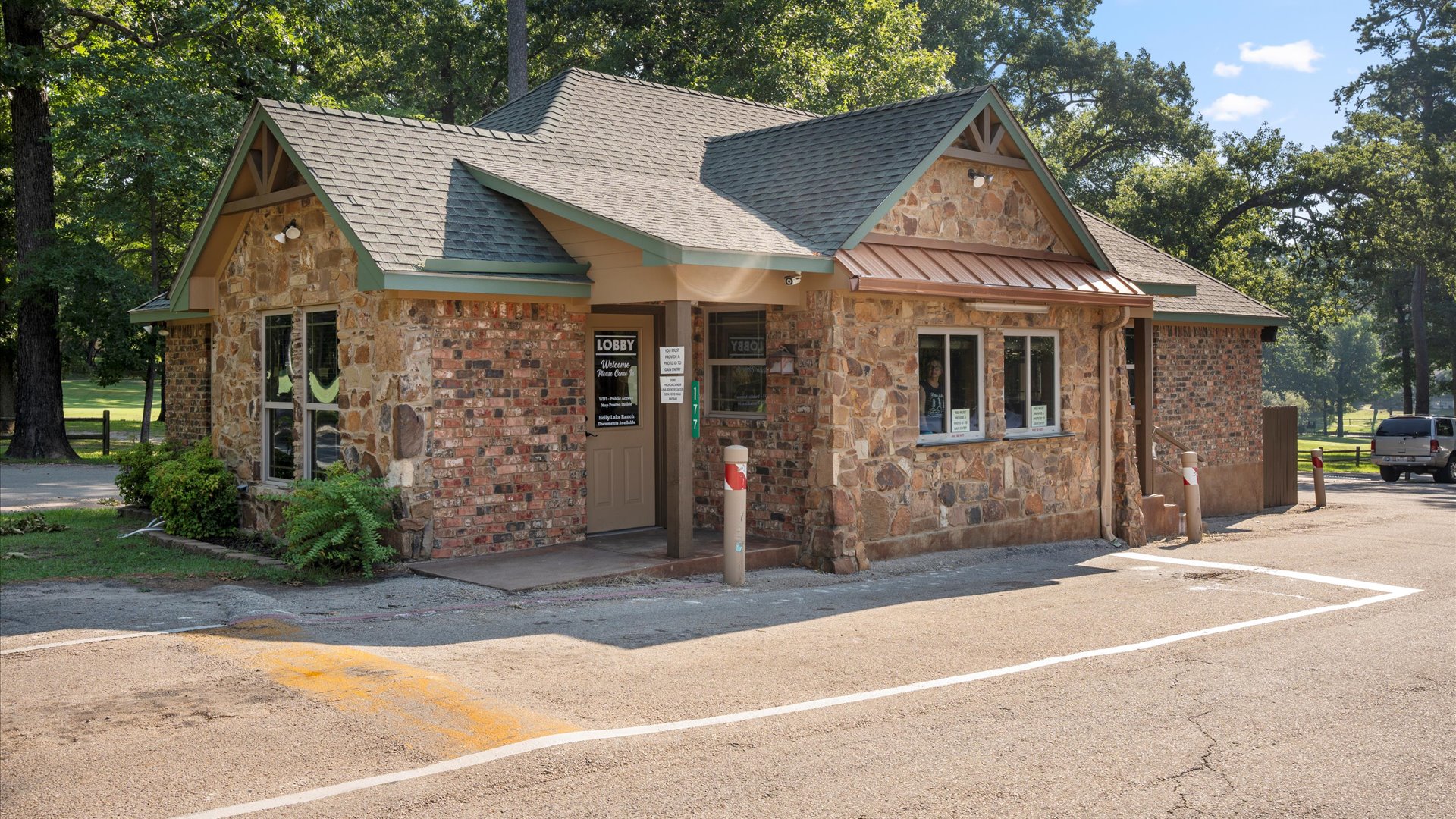 Holly Lake Ranch is a gated community with 24/7 security for your peace of mind. This is the main security office, staffed around the clock to ensure only approved guests and residents have access.