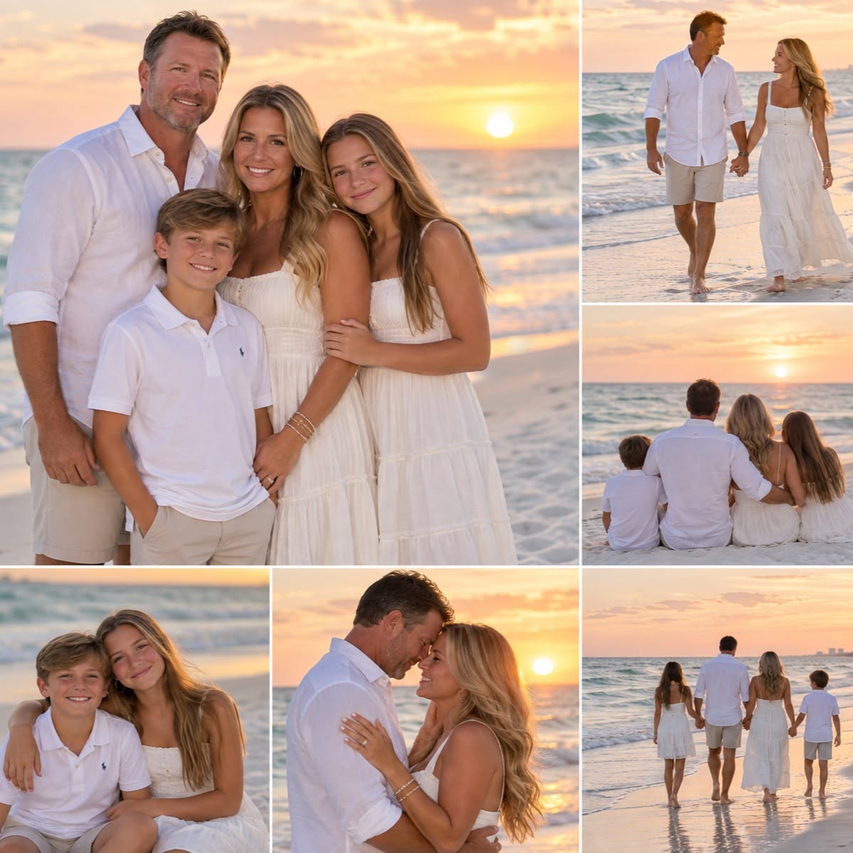 AI-created family beach sunset inspiration. Panama City Beach outings are off-property; this home is not beachfront.