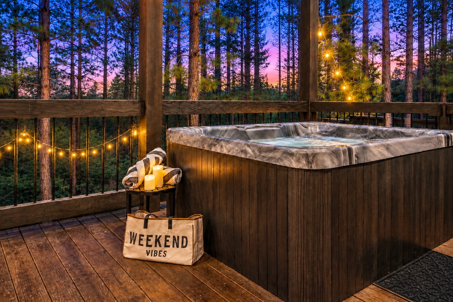 Weekend vibes, literally. Hot tub, glowing string lights, towering pines, and the kind of peaceful evening you wish could last a little longer, all just steps from your bedroom and living room doors.