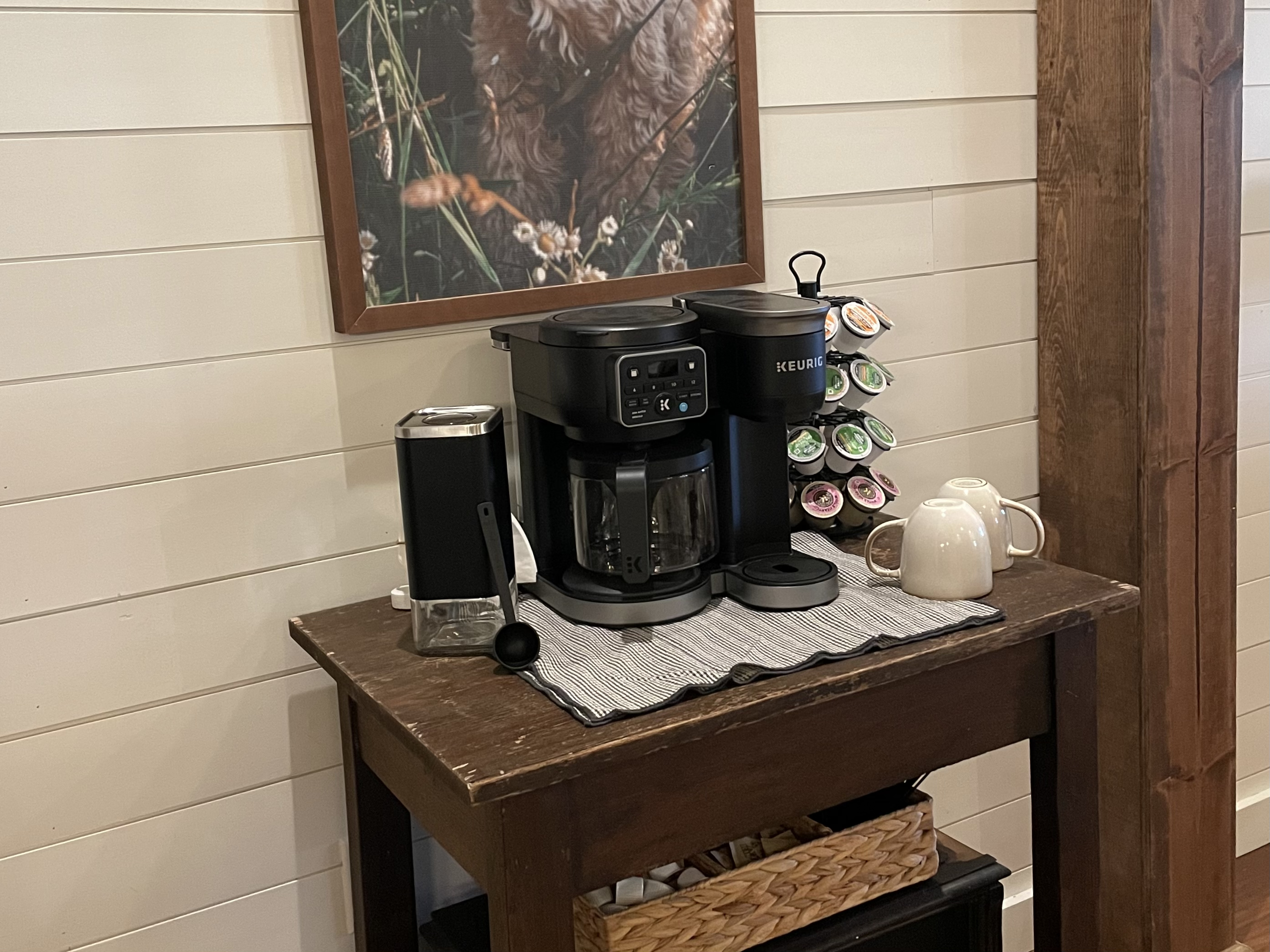Coffee station with Keurig k-cup and drip coffee maker plus a variety of pods available.