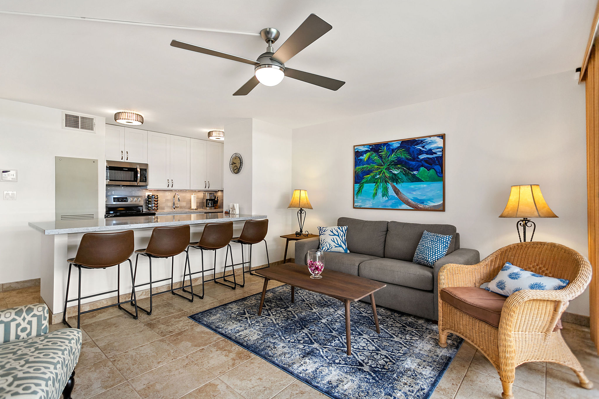 Looking from the lanai into the livingroom and modern kitchen