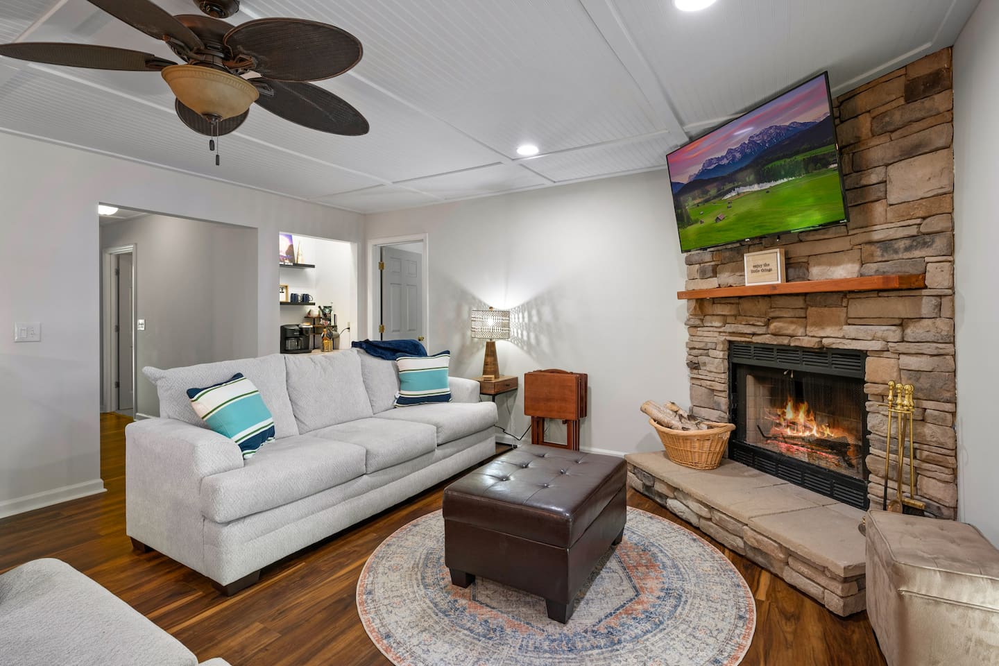 *Plush Couches*Wood burning fireplace (Seasonal from October - May) *55 in. flat screen tv (Bring your own login for streaming apps) 