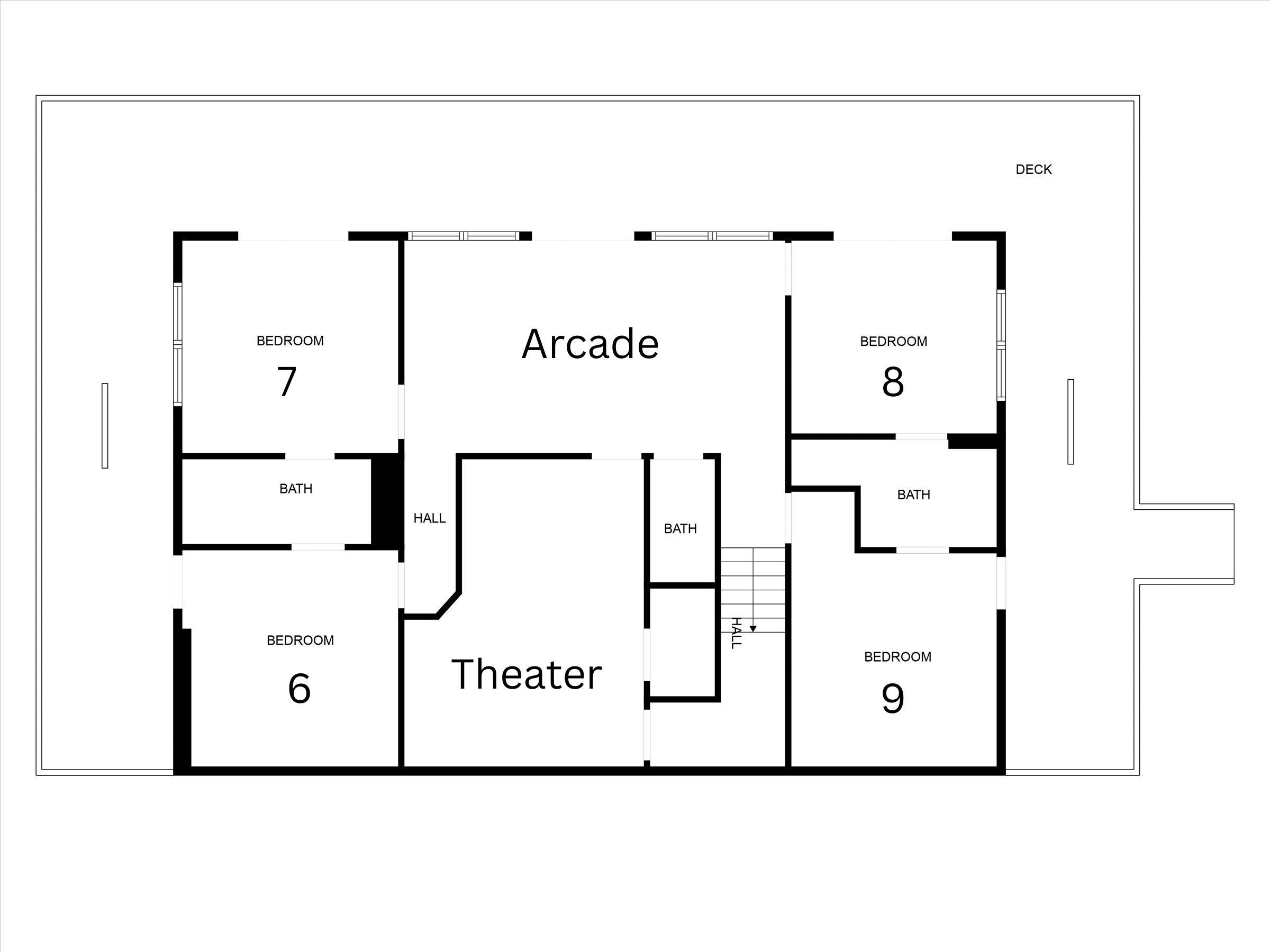 Lower Floor.  Bedrooms 6, 7, and 9 are bunk rooms for kids/teens.  Bedroom 8 is a king bedroom.  There is a movie theater and arcade down here.  Perfect for the kids!