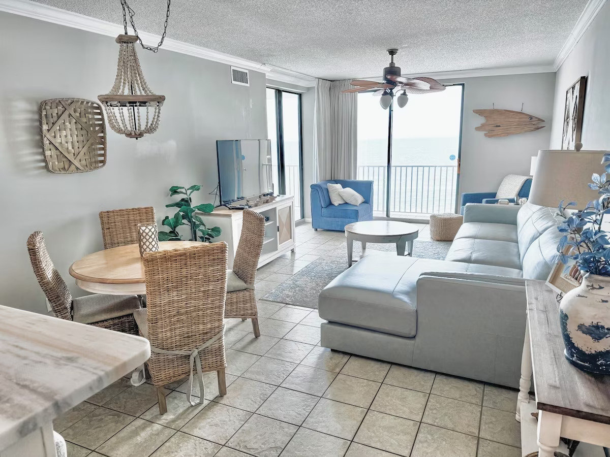 Comfortable seating, updated space with coastal textures. Be at the beach but have those modern designs and comforts.