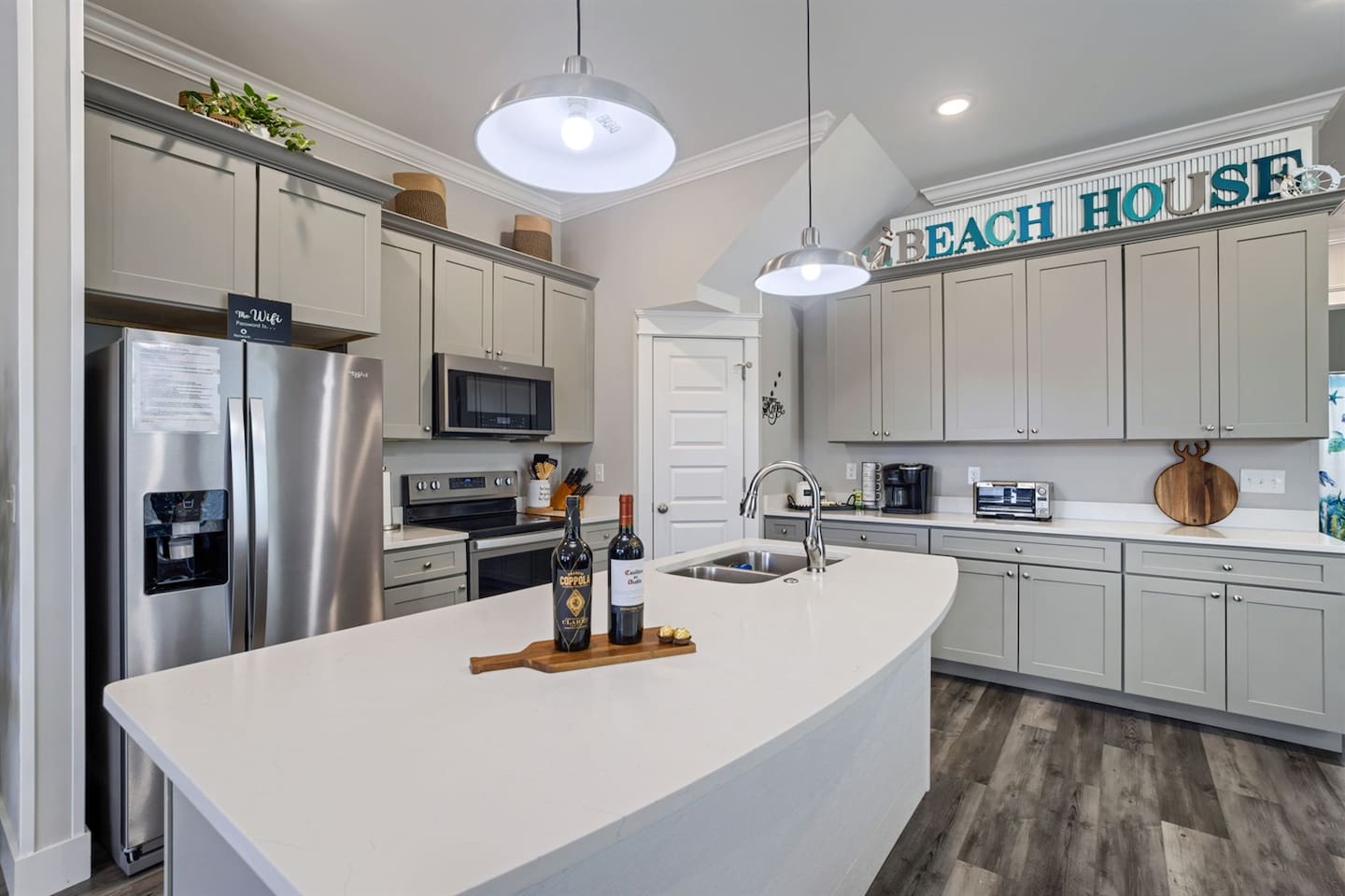 Full of every pot, Pan, wine glasses, and anything else you need for a family dinner