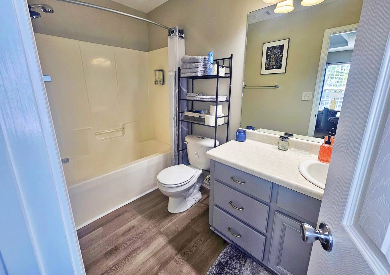 Full-size bathroom attaches to the main room. It contains all your necessities and a little extra. 