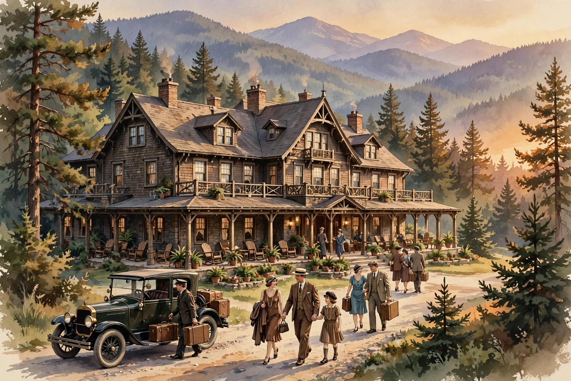 Illustration of a grand 19th-century Pocono resort hotel with guests arriving by train