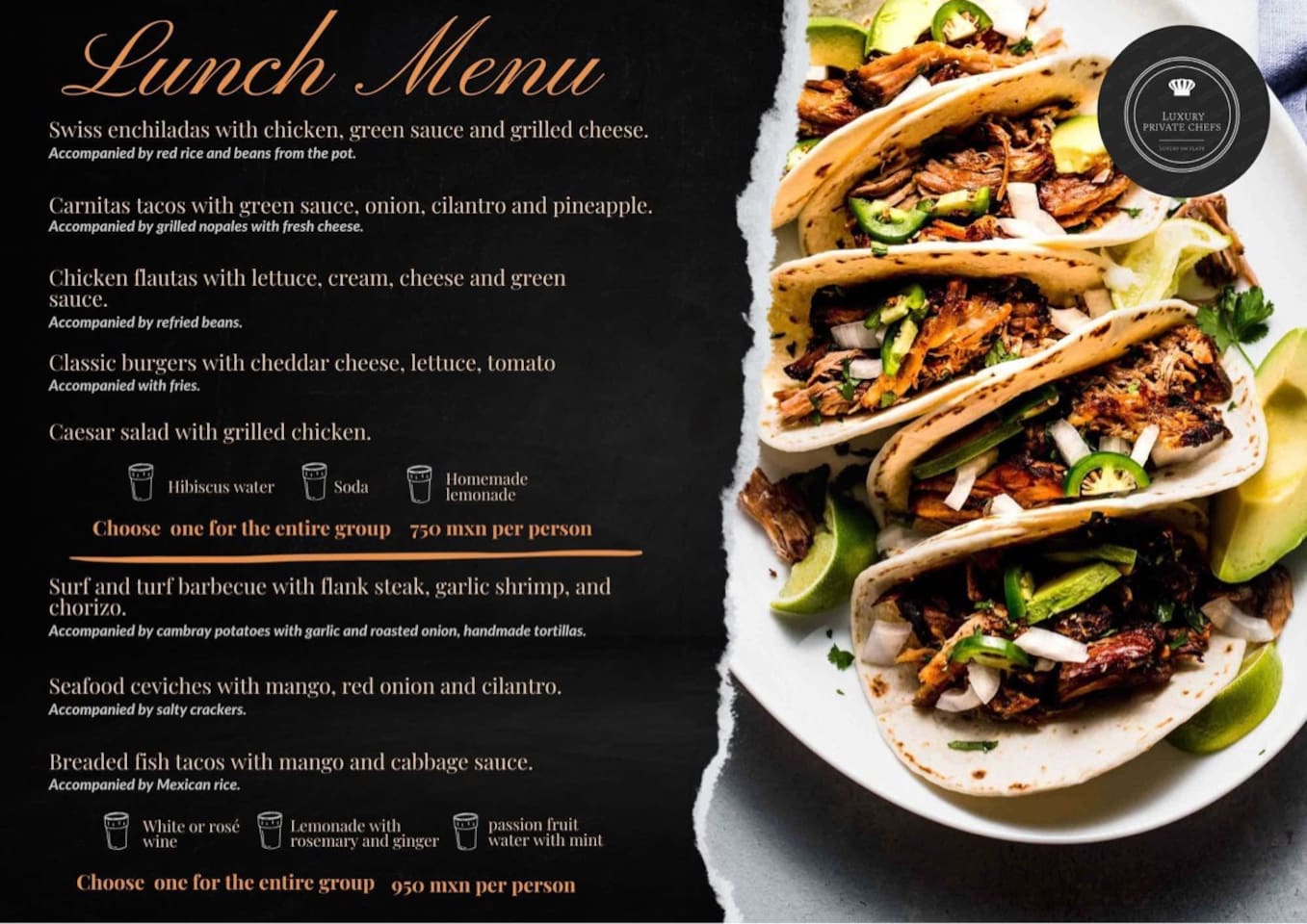 Private chef available. Pricing will be discussed directly with the chef. $50-100/per person