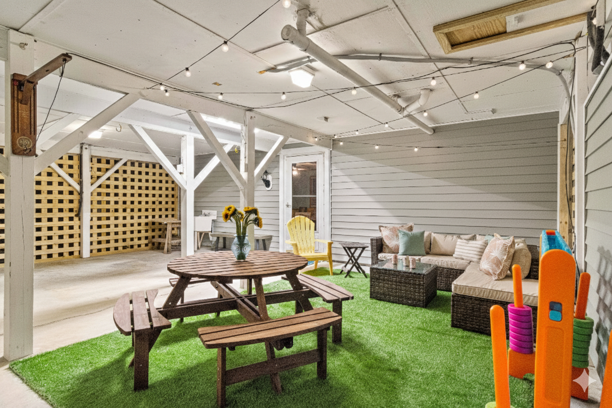 Lounge area under the house is perfect for relaxing evenings or rainy days at the beach.