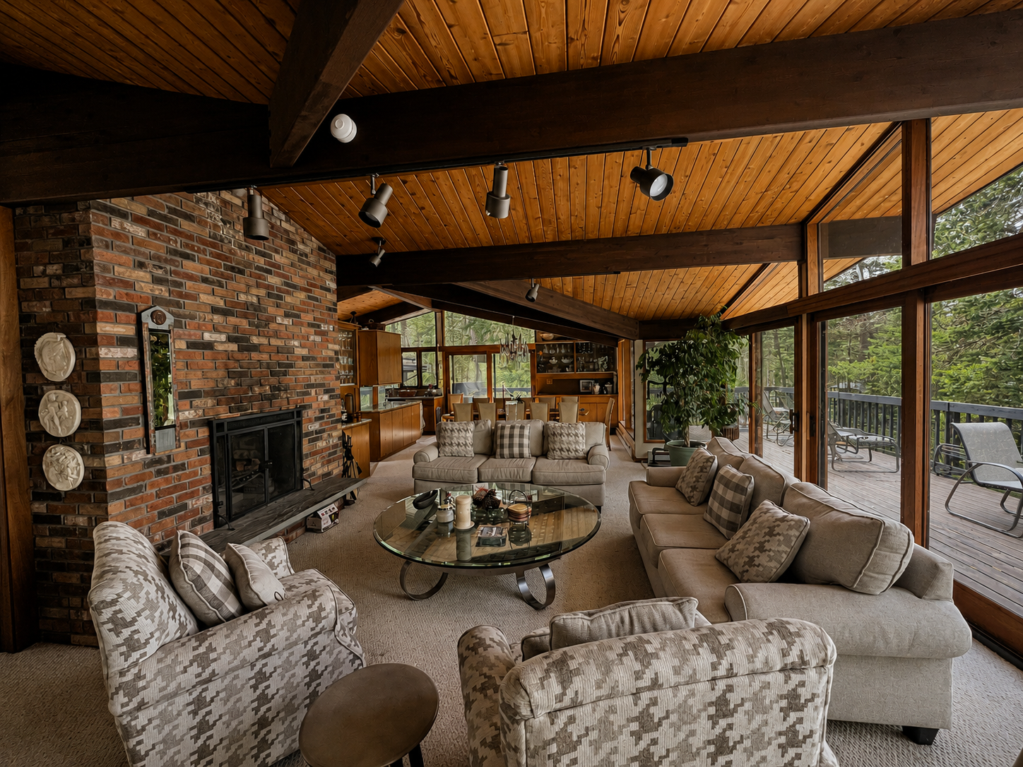 Living Room with woodburning fireplace walkout to deck