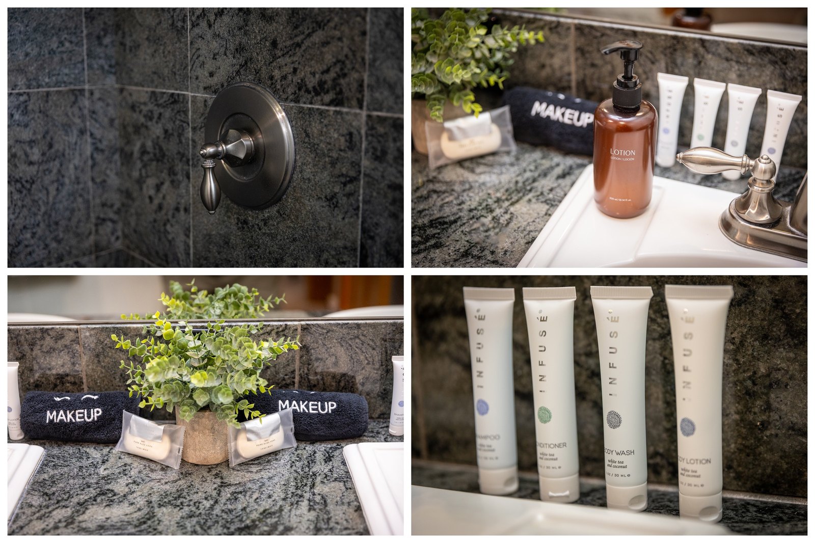 The upstairs bath, sorted — walk-in shower, fresh towels, and the little spa touches that keep a full house running smooth.