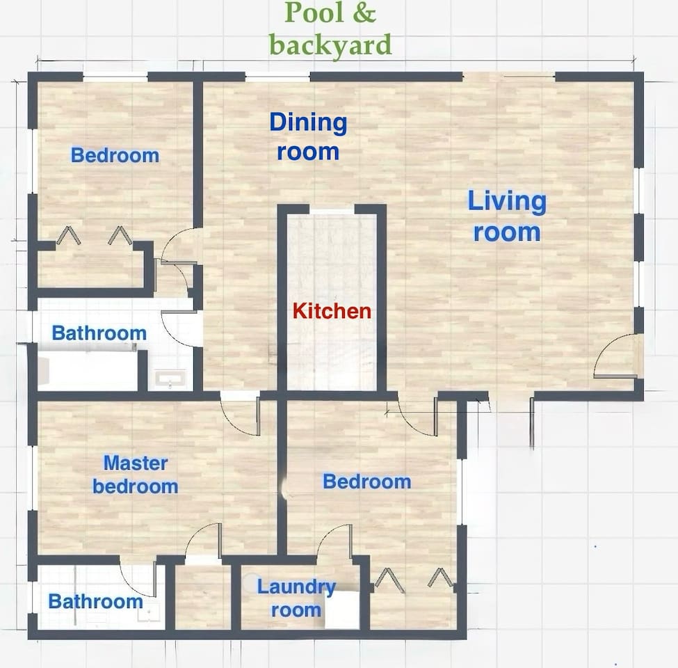 White room (at the top left corner of this layout) facing pool and backyard, with a private access to the bathroom.