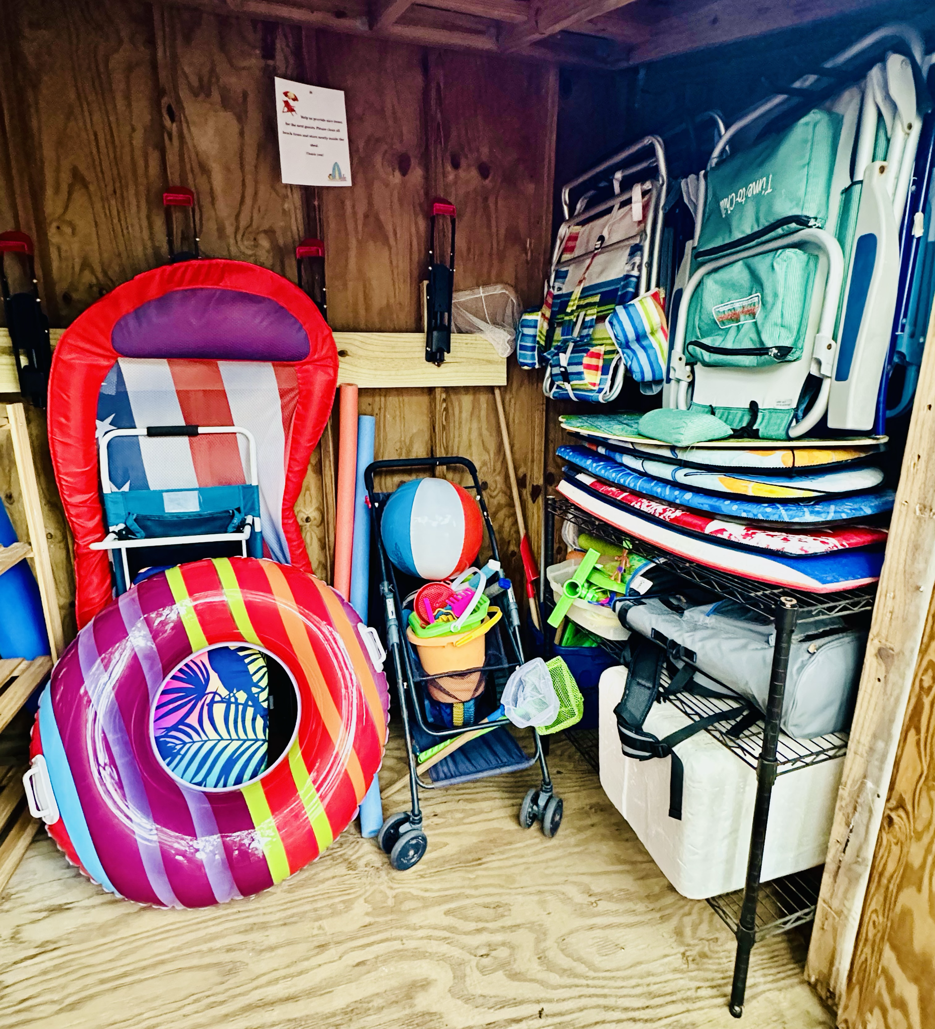 Beach Gear in Outdoor Shed for Guests to Use