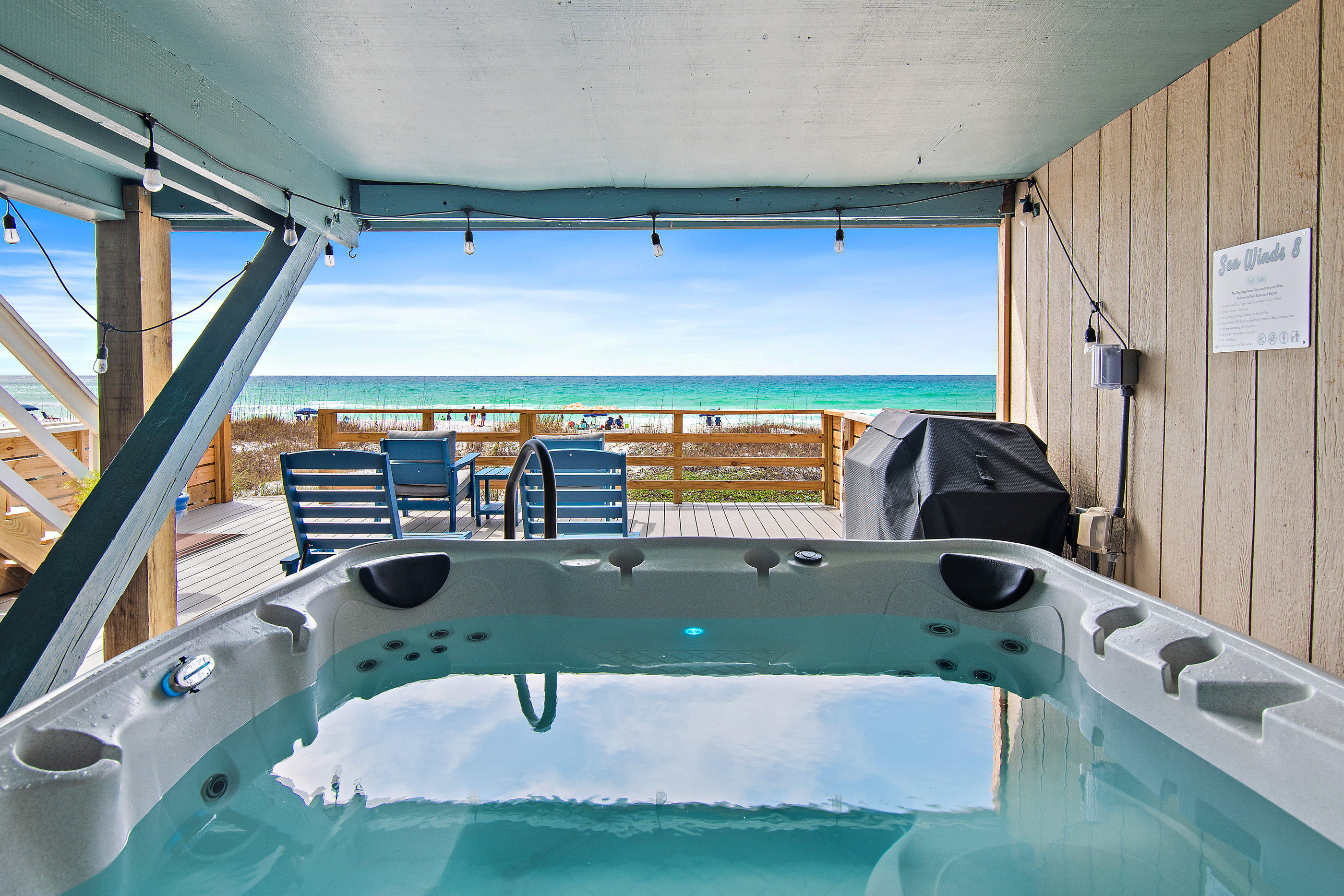 Sea Winds 8 comes with your very own 6-Person Hot Tub on the First Level Patio Overlooking the Gulf of Mexico. The Hot Tub is drained and cleaned before each guest