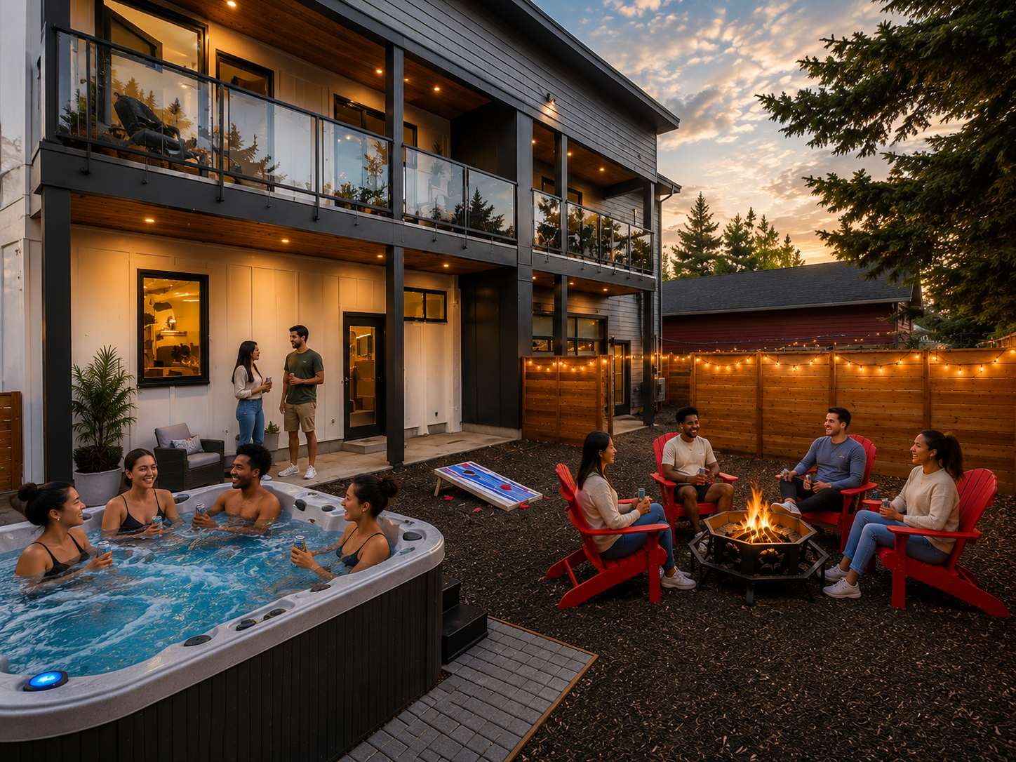 The backyard is calling. Hot tub bubbling, fire pit glowing, cornhole set up, and string lights overhead — Villa B's outdoor space is where the night gets started.
