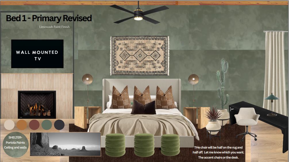 Luxurious primary suite with fireplace, TV, and Southwest-inspired décor.