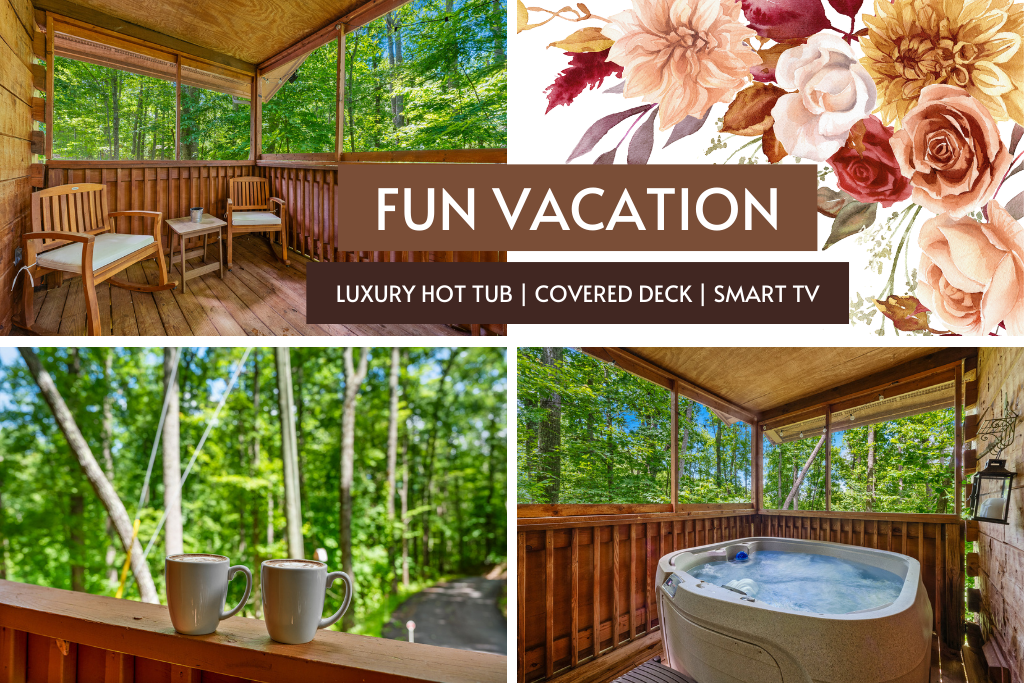 Unwind on the covered deck with a bubbling hot tub, fresh air, and forest vibes.