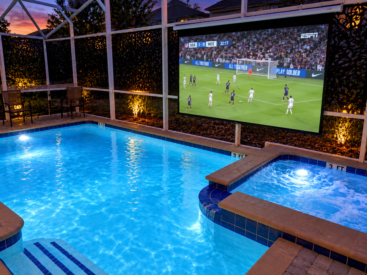 Enjoy The Poolside Theater At Night Watching Movies And TV